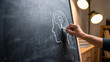 © Enes - Hand drawing human head silhouette with lightbulb shape inside brain area using white chalk on dark chalkboard, knowledge inspiration concept, intellectual creativity, innovation thinking