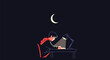 © Md Sorif - Diligent young boy studying and writing at his desk late at night under a lamp light with a crescent moon in sky.