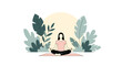 © Sondip - Woman meditating in a peaceful garden setting with large tropical plants and a rising sun in the white background.