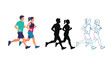 © Sondip - Illustration of a male and female couple running together in different artistic styles including color and silhouette.