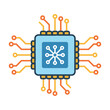 © Den - Central processing unit chip icon with symmetrical circuit board lines and abstract node pattern on a solid background minimal technology concept