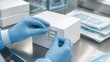 © Jafree - Lab technician wearing blue gloves attaches RFID label to white box in medical facility. Identification technology for pharmaceutical shipping, inventory management and supply chain tracking
