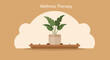 © Aqil Art - A minimalist vector graphic of a potted green plant on a wooden shelf with the text Wellness Therapy on a warm, earthy-toned background.
