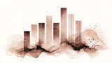 Abstract cityscape with vertical bars resembling skyscrapers emerging from smoky, watercolor-style textures in shades of brown and beige on a light background.