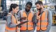 © Oleg - Professional warehouse workers reviewing clipboard and radio communication in industrial factory, diverse team of asian, african american and white technicians in safety vests