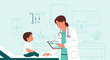 © gita - Doctor examining a child with a tablet in a clinic examination room
