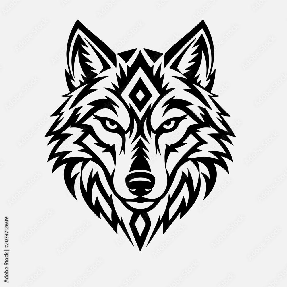 Tribal wolf head vector illustration geometric black and white wolf ...