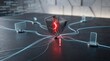 © Helen - Broken cyber security shield symbolizing a data breach or network failure with glowing red warning light and connected digital devices on dark background