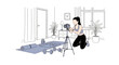 © limit - Vector illustration of a female fitness influencer setting up a camera on a tripod to record a workout video session featuring yoga mats, dumbbells, and kettlebells in a room.