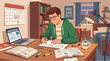 © dewi - Student studying for exams at desk with laptop and books studying education learning