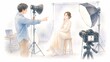 © Diamond Fuji - 撮影スタジオでストロボやカメラを使い女性モデルのポートレートを撮る男性カメラマンのイラスト