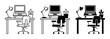 © Saif - Office workspace icons, desk setups, computer stations, black and white
