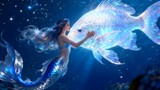 Mermaid touching glowing fish underwater