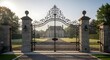 © Digitalogika Studio - Elegant wrought iron entrance gate leading to a luxurious private estate at sunrise.