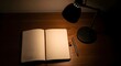 © Digitalogika Studio - A desk lamp illuminates an open blank notebook and a pen on a wooden table in a dark room.