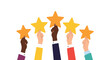 © Akash - Five hands of different skin tones holding large yellow stars representing a high rating or excellent customer satisfaction.