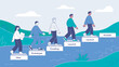 © Saj's Galleria - Business people walk up a series of steps representing the stages of startup development.