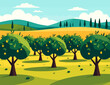 © Deva - Orchard of citrus trees with ripe orange fruits on green grass fields. Agriculture, farming, and organic harvest concept. Flat vector illustration.