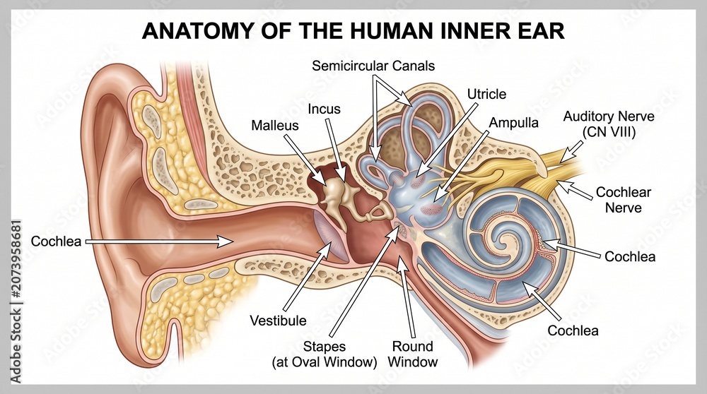 Netter Inner Ear Detailed Diagram of the Anatomy of the Human Inner Ear with Labels for ...