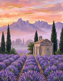 Painting style image of landscape in rural Provence, France featuring field of lavender flowers in blossom near small chapel with silhouette of Alpilles mountains visible in background