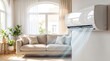 © Mariia - Modern wall-mounted air conditioner cooling a bright living room during a hot summer day. Home climate control, energy efficiency, indoor comfort and heat wave concept