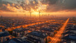© Sujon Hasan - Smart city with wind turbines and solar panels at sunset, connected by glowing orange lines.