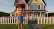 © overking.10v - Animated Boy Standing in Front of a Colorful Cartoon House on a Sunny Day.