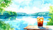 © Umechi - 湖畔のカフェテラスと涼しげなアイスコーヒーの水彩画風イラスト　夏のリゾートや避暑地をイメージした清涼感のある風景背景素材　文字入れ用コピースペースと爽やかな空の広がりがあるポスターやWebバナー用デザイン素材