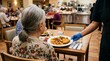 © Olga Ко - Caregiver serving healthy hot meal to elderly woman in nursing home dining room. Senior care and assisted living facility concept