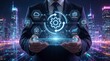 © worldwide - A professional businessman holding a tablet displaying an AI-powered business automation dashboard, having illuminated hexagonal UI panels display, icons, Analytics, Cloud, AI Workflow above on it.