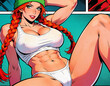 © PANDORA ILARE - Personaggio femminile in stile fumetto, con fisico atletico e proporzionato, capelli rossi con trecce e vestita con intimo bianco, Female character in comic style, with an athletic and proportionate