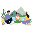 © sitiainab - Group of people filming a yoga instructor outdoors in nature.