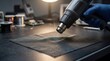 © Katsyarina - Technician using heat gun on metal mesh in workshop. Electronic repair and industrial fabrication process. Precision engineering tool for heating material in laboratory environment.