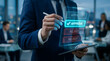 © ณภัทร วงค์มาวิวัฒน์ - Digital Approval: A businessman in a sharp suit uses a stylus to select Approve on a futuristic holographic interface, symbolizing decision-making and modern business processes.
