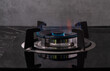 © Sakorn - Close-up of a modern gas stove burner with blue and orange flames burning brightly in a dark kitchen environment.