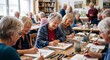 © Jana - A group of older adults sits around a long table focused on painting and drawing during a creative group art workshop
