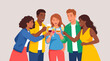 © Naima - Diverse group of friends sharing smartphones in a casual gathering with a clean background