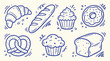 © Ishtiaq - Assorted baked goods doodle illustrations in simple blue line art on a cream background for culinary concepts