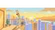 © rodrigotheras - Woman stretching on balcony at sunrise overlooking city skyline and river