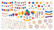 © Saif - Colorful vector illustration set featuring festive party decorations like birthday bunting flags balloons ribbons confetti stars and bright fireworks isolated on a clean white background