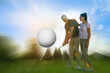© New Africa - Couple playing golf on course. Ball flying into camera, motion blur effect