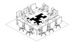 © 奈美 北橋 - ジグソーパズルのように組み合わさる会議用デスクを囲むビジネスチームを描いた、アイソメトリックのミニマルなモノクロ線画イラスト素材
