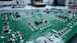 © Danny - Green printed circuit board with electronic components. Modern motherboard technology with integrated chips and pathways. Hardware engineering and computer science development concept.