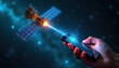 © miss irine - Satellite transmits data beam to mobile phone. Futuristic connection concept for global digital communication and internet access. Person holds smartphone in hand receiving signal from space.
