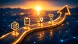 © Elite Studio - Glowing golden upward arrow path with business strategy icons leading to a bright sunset background. Concept of success roadmap, goal achievement, and corporate progress journey.