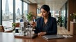 © True Stock - Focused businesswoman examining intricate scientific device in modern