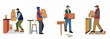 © Neem - Illustration of delivery workers carrying cardboard boxes in various indoor settings, representing professional moving and courier services.