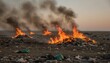 © Varos - Large piles of trash and garbage burning in an open dump site with thick black smoke rising into the sky, highlighting environmental pollution.