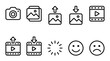 © Sabira - Media Interface Outline Icons Set - Camera, Image Upload, Download, Video, Loading, Smile and Sad Face.