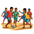 © Samsul - Joyful Kids Playing Soccer on Sandy Beach in Colorful Sportswear Fun Beach Soccer Scene Vector Illustration sports children football sand